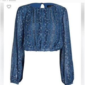 INTERMIX Paola Cropped Printed Voile Blouse Size Small Blue